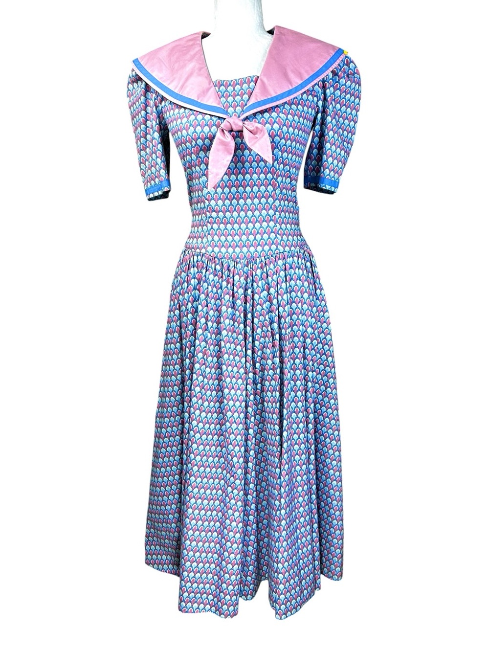 Retro Storybook Midi Dress S Puff Sleeve Statement Sailor Collar Gathered Skirt